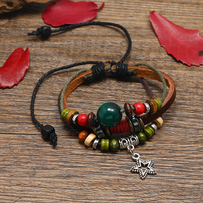 Punk creative design new multi-layer beaded leather bracelet five-pointed star small pendant