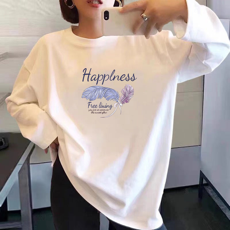 Camiseta de manga larga de algodón puro para mujer Camiseta blanca de talla grande grasa MM suelta de moda para mujer camisa de fondo 2025 primavera y otoño top