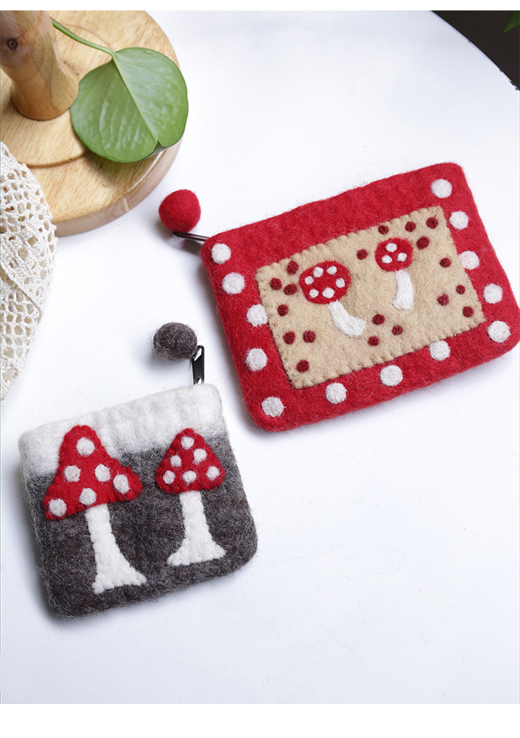 Cute Style Square Shape Women's Mushroom Felt Zipper Kids Wallets