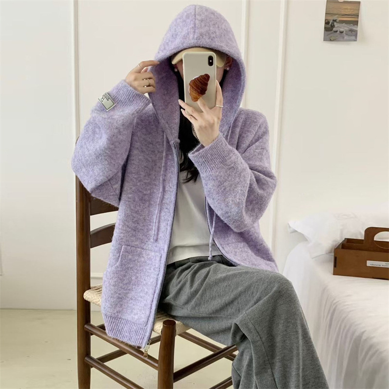 软糯连帽拉链毛衣开衫外套女秋冬新款宽松慵懒风加厚休闲针织上衣|undefined