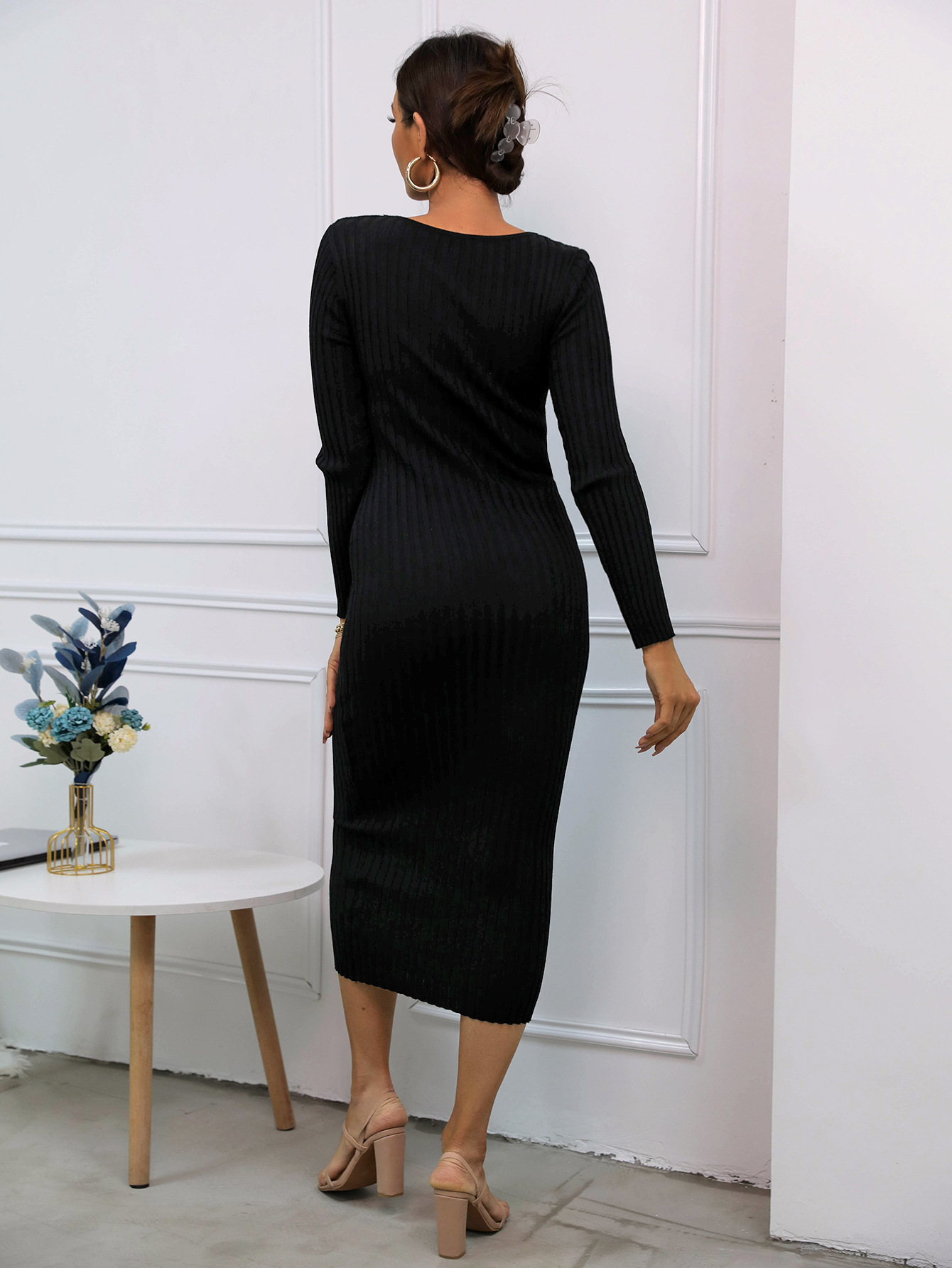 Knitted Long-Sleeved Threaded Hollow Slim Dress NSYI114640