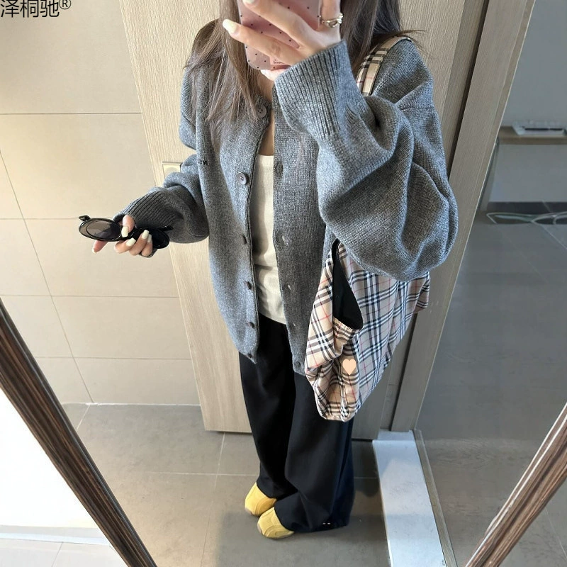 Серый вязаный кардиган-свитер для женщин, осенний новый свободный универсальный высококачественный верх в ленивом стиле