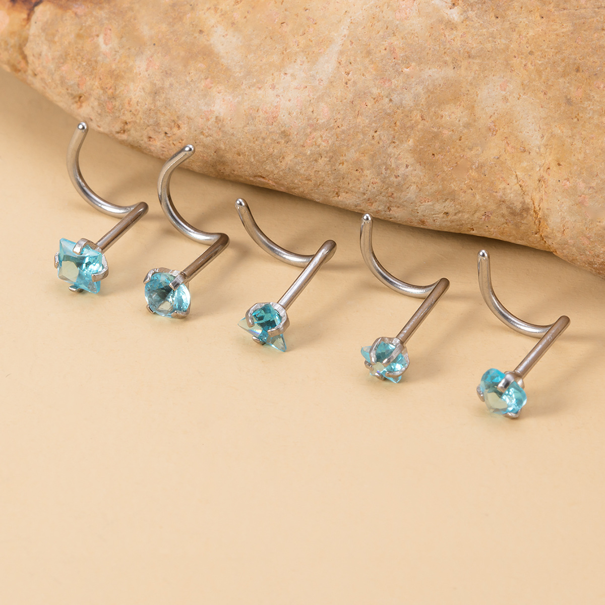 Cross-Border New Mixed Color Hao Stone Jewelry Geometric Stainless Steel Right Angle Stud Colorful Inlaid Diamond_voghion.com