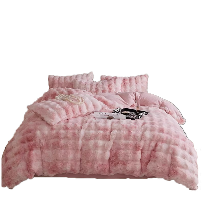 2024 nuevo traje de cuatro piezas de felpa de conejo de invierno más terciopelo de lana de leche franela de coral funda de edredón sábana de invierno