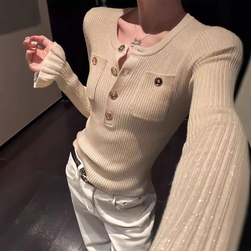 Black Bean H Intellectual Beauty*Golden Shiny Ribbed Knit Sweater Elegant Slim Fit Long Sleeve Round Neck Top Black Bean H Intellectual Beauty*Golden Shiny Ribbed Knit Sweater Elegant Slim Fit Long Sleeve Round Neck Top