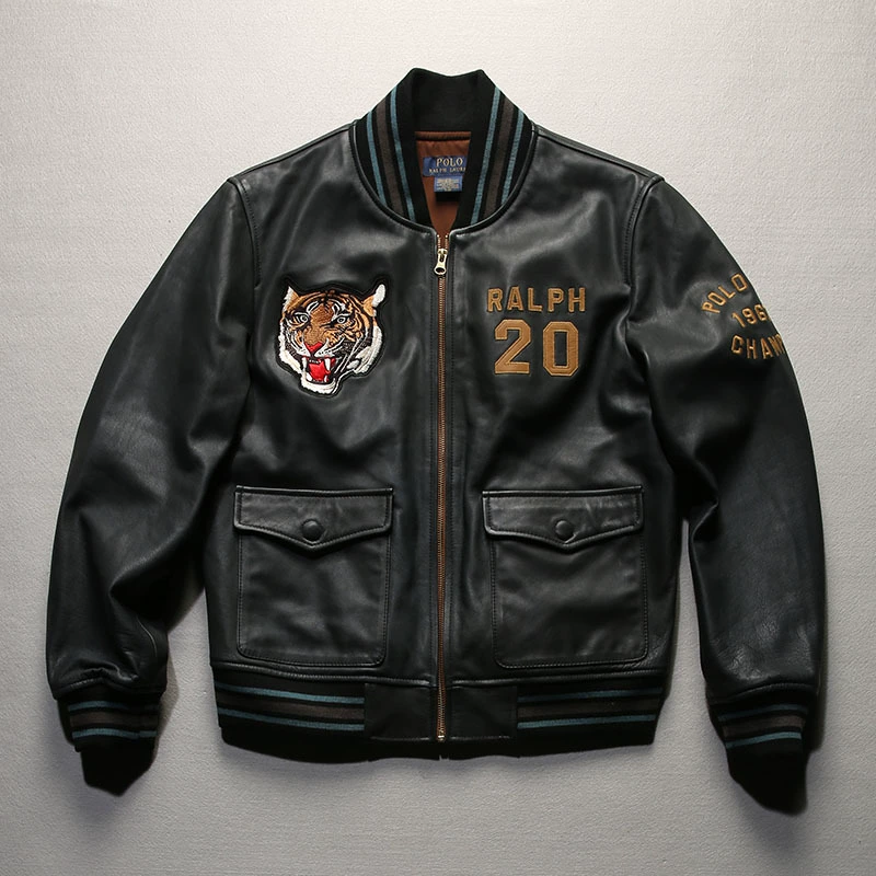 Baseball uniform, leather jacket, genuine leather, with embroidery
