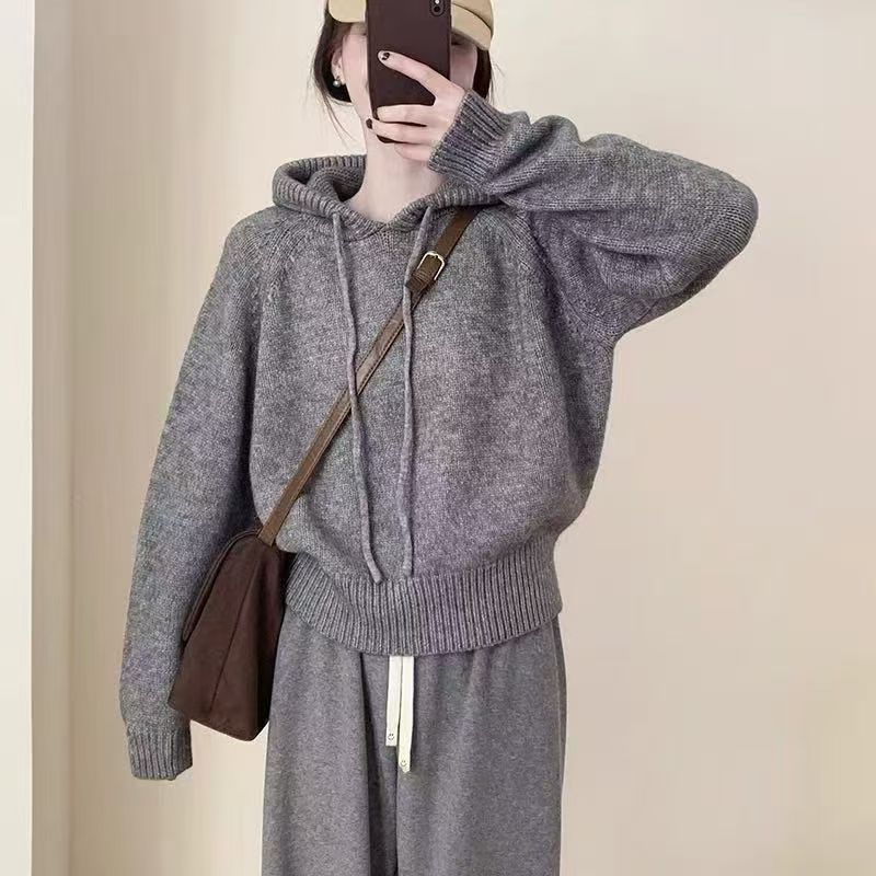Korean Autumn and Winter Drawstring Hooded Design Niche Long-Sleeved Sweatshirt Knitwear Loose Lazy Pullover Women's Knitwear