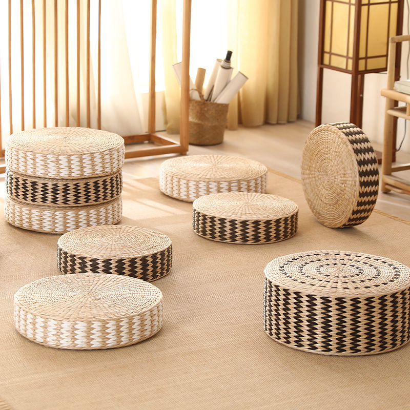 Pastoral Style Cattail Hand-Woven Futon Cushion Round Thickened Household Bay Window Tatami Cushion Japanese Style Cushion