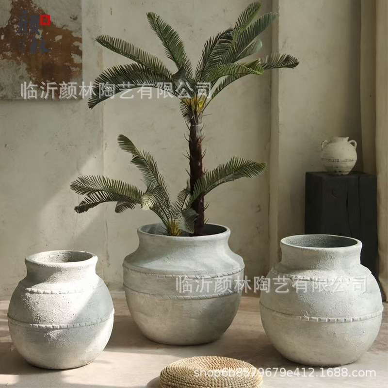 Vento tranquilo, maceta de flores redonda de gran vientre Retro hace viejos jarrones decorativos de sala de estar de hotel de alto nivel de lujo ligero gran maceta de flores de cemento