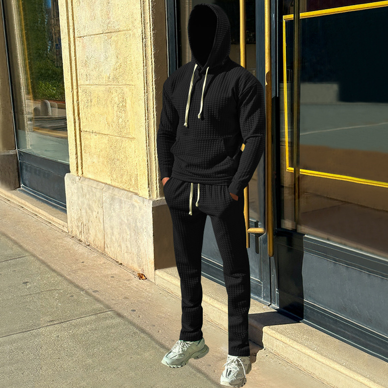 Independent autumn and winter men's jacquard small grid hooded sweatshirt, long pants, casual sports suit_voghion.com