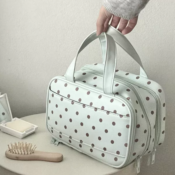 Korean-Style Polka Dot Makeup Bag, Large Capacity, 2026 New Model, Mint Green Toiletry Storage Bag, Portable Partitioned Storage for Outings