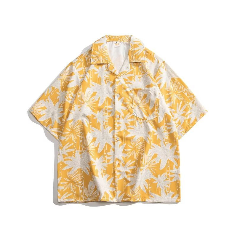 Yellow printed casual short sleeve Cuban collar shirt loose plus size 200kg 4XL size beach vacation Hawaii