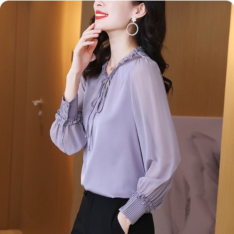 Hangzhou Heavy Silk Fashion 2025 Spring New Style Ruffled Lace-Up Elegant Slimming Mulberry Silk Long-Sleeve Shirt
