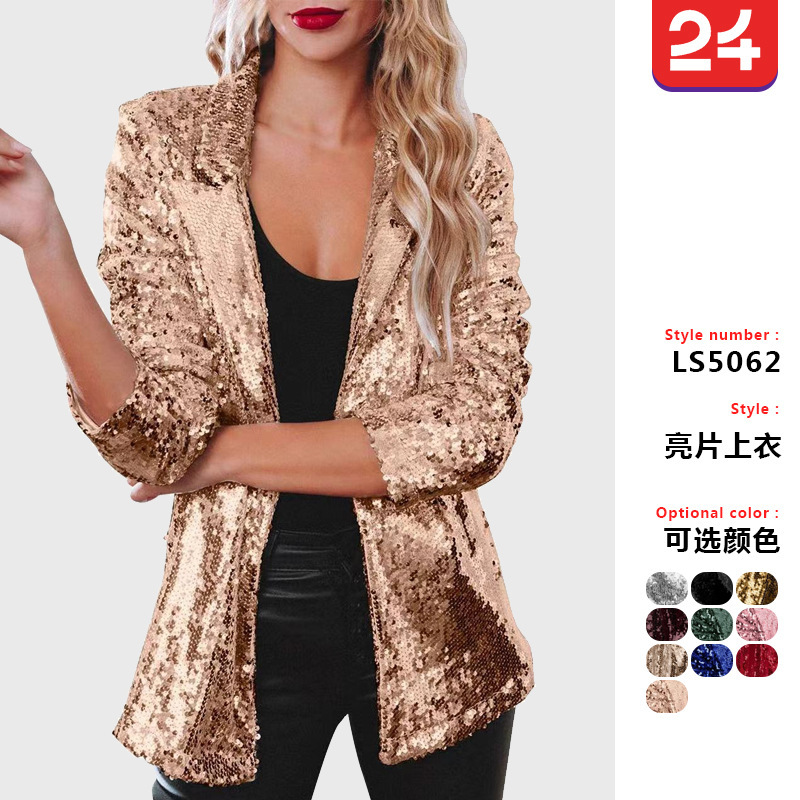 Aliexpress Ebay European and American 2025 Casual Sequin Top Multi-Color Sequined Long-Sleeved Elegant Suit Jacket Ins