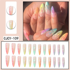 Rainbow gradient long pointed nails wearable nails European and American manicure patches nail patches ins style digital printing manicure