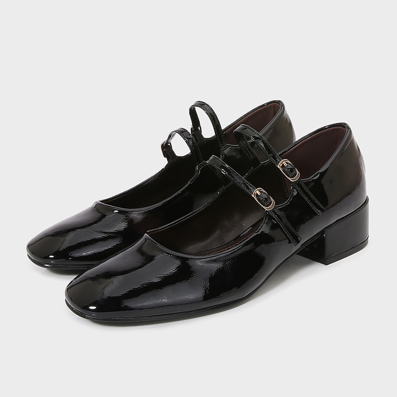 ZA2025 Spring New Women's Shoes Black Patent Leather Effect Double Tape Thick Heel High Heel Muller Shoes Mary Jane Shoes