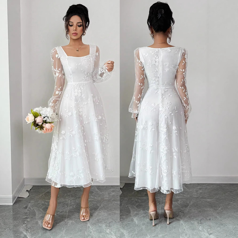 Elegant Jacquard Lace Dress All White Modest Wedding Guest Dress Women's Autumn Clothing Elegant Jacquard Lace Dress All White Modest Wedding Guest Dress Women's Autumn Clothing