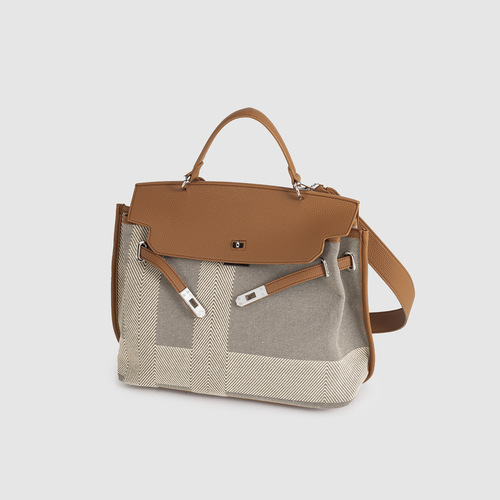 Kelly Bag Soft Leather Tote Bag Women's 2024 New Large Capacity Canvas Splicing Commuting Shoulder Handbag Birkin Bag