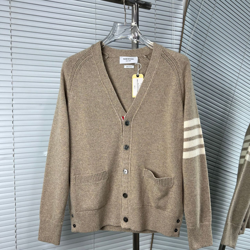 [Tb] Factory Direct Sales High Version New Couple Style Four-Bar Stripesd Long-Sleeved Wool Knitted V Neck Cardigan