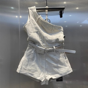 Irregular Shoulder Off-shoulder Denim Jumpsuit This Summer New Fashionable Age-reducing High Waist Slimming Shorts Trendy