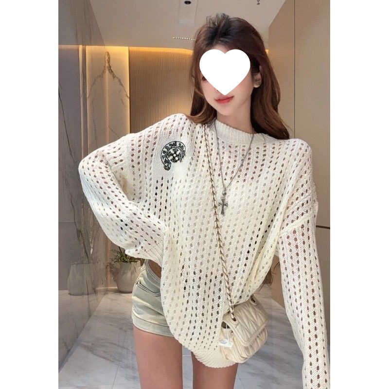Ripped Sweater 2025 Sun Protection Knitted Blouse White Early Loose New Women's Round Neck Cut Out Autum Korean Style Pullover