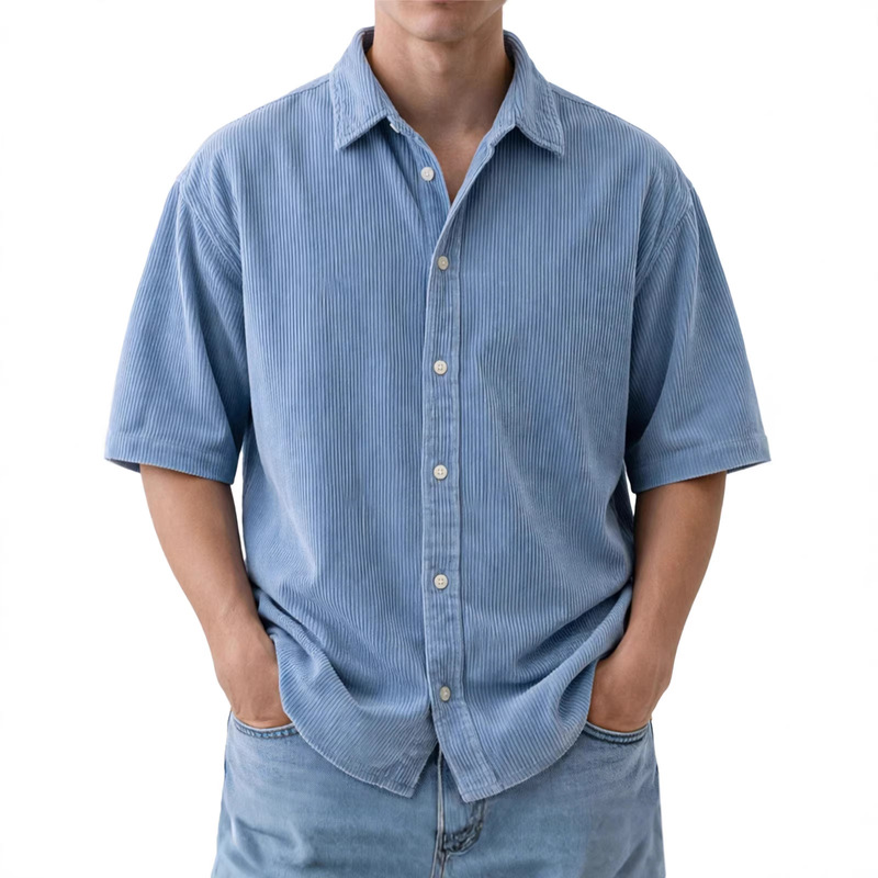 Independent Brand 2026 European and American Summer Men's Retro Shirt Casual Loose Solid Color Corduroy Turn-Down Collar Polo Shirt for Men