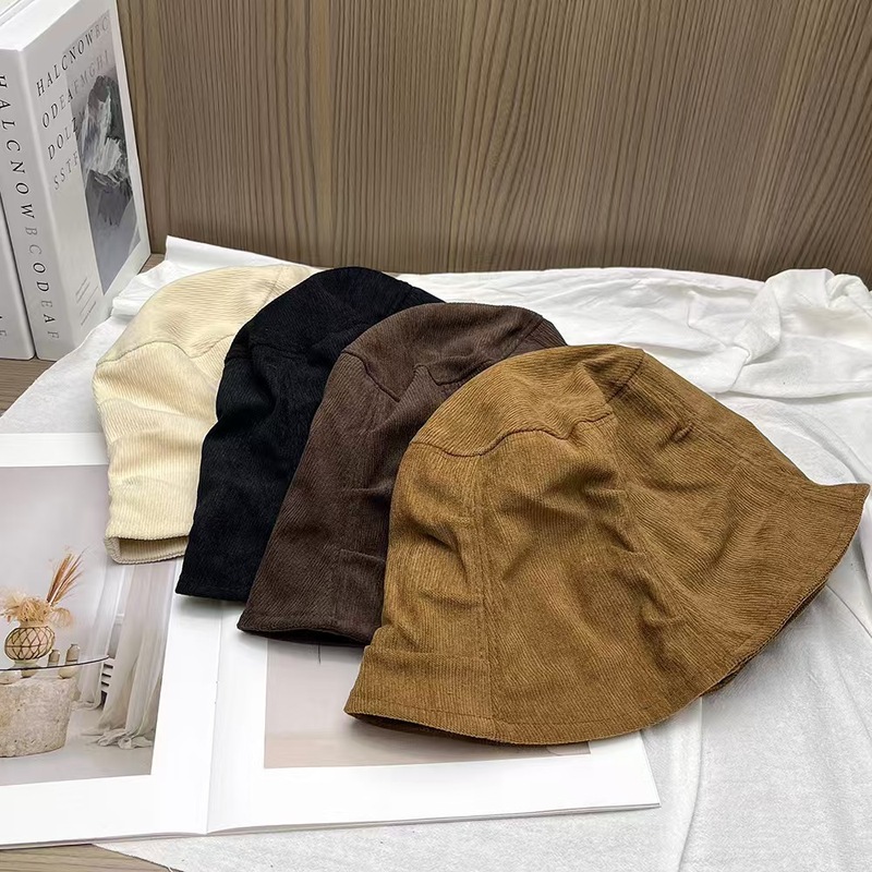 韩系新款灯芯绒褶皱渔夫帽女秋复古百搭素颜遮脸盆帽卡其色水桶帽|undefined