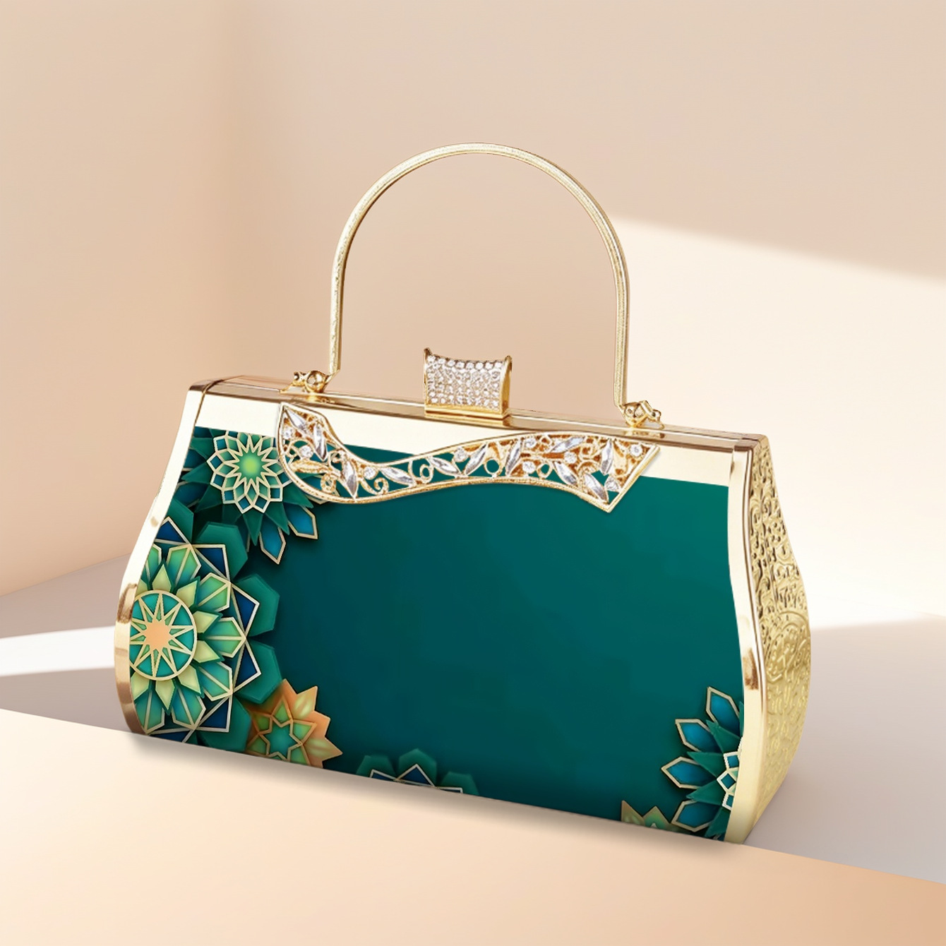 Elegante Abendtasche In Smaragdgrün Mit Blumenmuster Und Gold_voghion.com