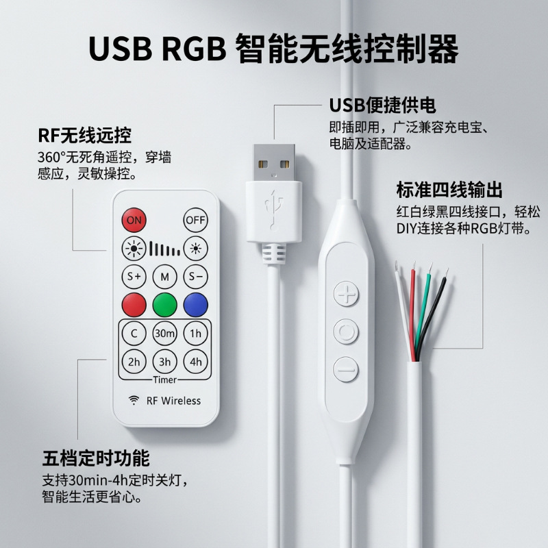 跨境专供rgb七彩遥控17键RF射频无线遥控RGB灯带控制器usb调光器