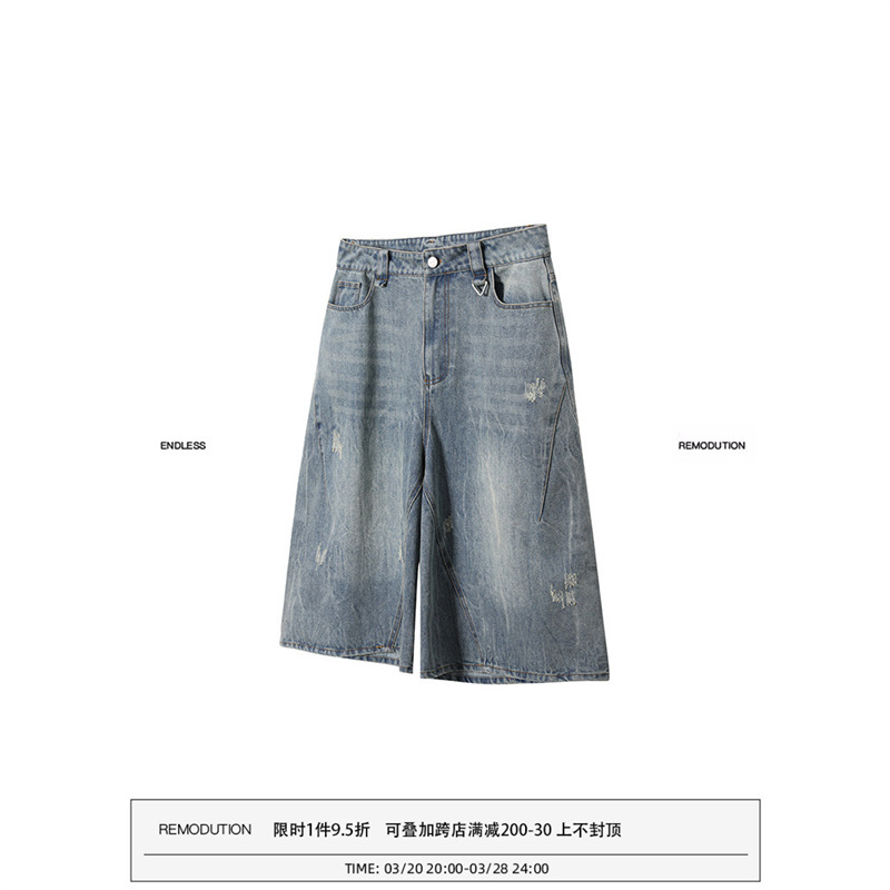 2025 New Original Design American Retro Denim Shorts Men's Summer High-Waisted Loose Straight Wide-Leg Three-Quarter Pants 2025 New Original Design American Retro Denim Shorts Men's Summer High-Waisted Loose Straight Wide-Leg Three-Quarter Pants