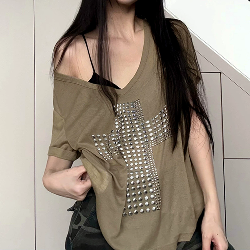 Американский уличный азиатский крест с горячей медью повседневный свободный топ крутой и красивый хип-хоп футболка с открытыми плечами с V-образным вырезом