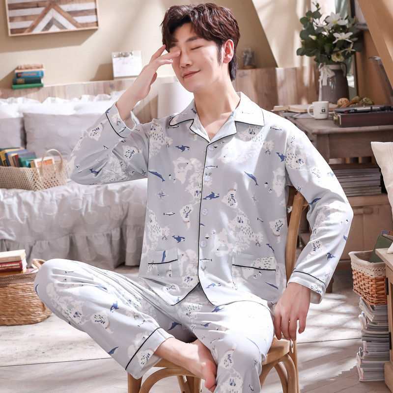 Pijamas de primavera y otoño de algodón de manga larga para hombres pijamas de otoño e invierno para hombres jóvenes de mediana edad delgada día de verano traje de uso doméstico