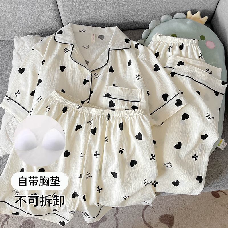 高颜值可外穿带胸垫睡衣女夏季短袖短裤三件套卡通纯棉纱布家居服|undefined