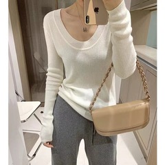 女性用Uネックニットセーター、韓国東大門、鎖骨露出、スリムフィット、無地、アンディベルベットボトムシャツ、アンディベルベット長袖シャツ