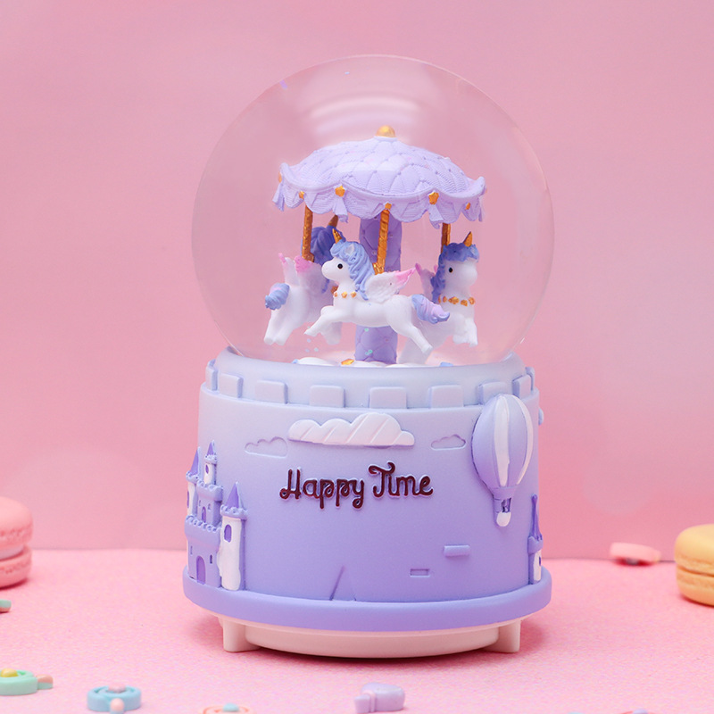Romantic carousel crystal ball music box creative dream luminous snow music box for girls' birthday gifts