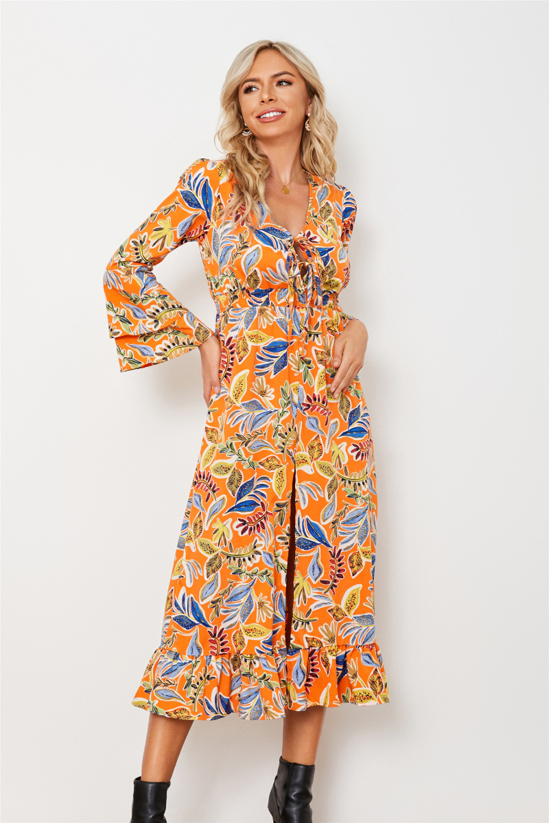 V-neck long-sleeved long slit floral dress NSHFC137790