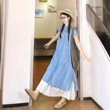 新中式国风蓝色禅意短袖连衣裙女夏季设计感气质宽松显瘦叠穿长裙