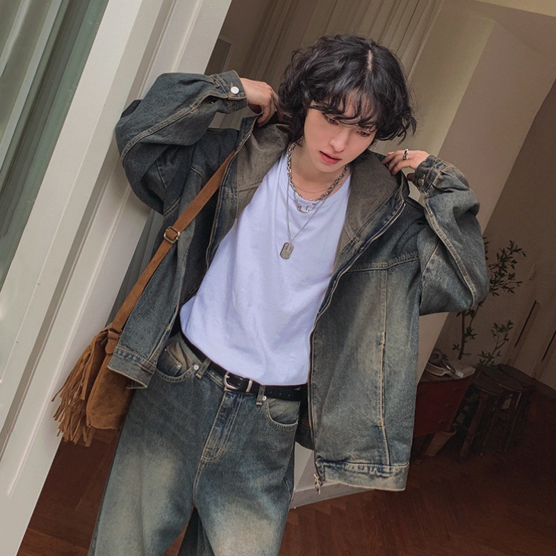 MYQ otoño retro viejo traje de mezclilla chaqueta con capucha suelta para hombre jeans rectos de moda coreana