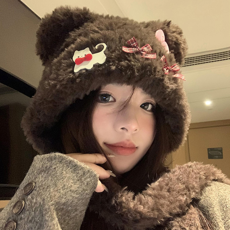 可爱小熊耳朵猫咪蝴蝶结帽子女秋冬加厚保暖毛绒帽护耳针织雷锋帽|undefined