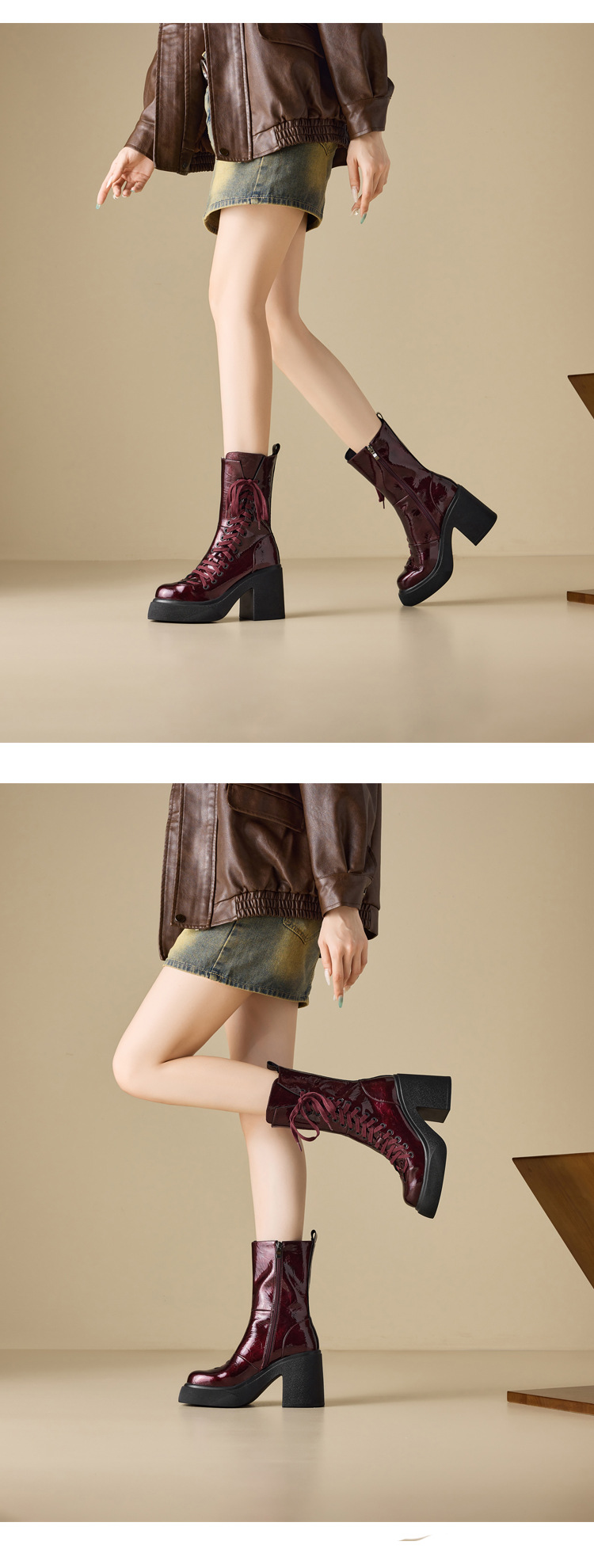 Boot nữ cổ ngắn đế dày 10 cm dây buộc mũi tròn khóa kéo bên — nhung đen chi tiết 7