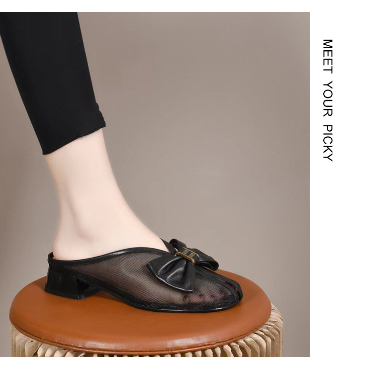 Dép sandal nữ bít mũi lưới da thật đế bệt phong cách tiên nữ — Màu đen chi tiết 14