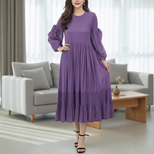 法式泡泡灯笼袖褶皱连衣裙长裙百褶裙春夏遮肚压褶裙春夏A834