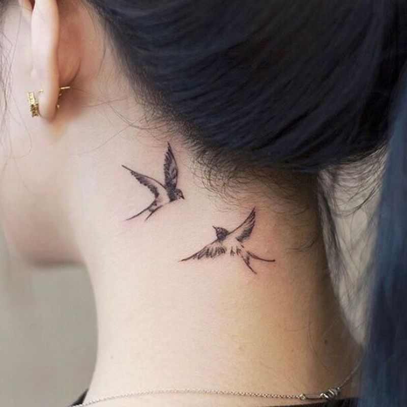 Tattoo sticker with swallow and bird design for neck and behind the ear, original fresh pattern, realistic tattoo, waterproof and long-lasting