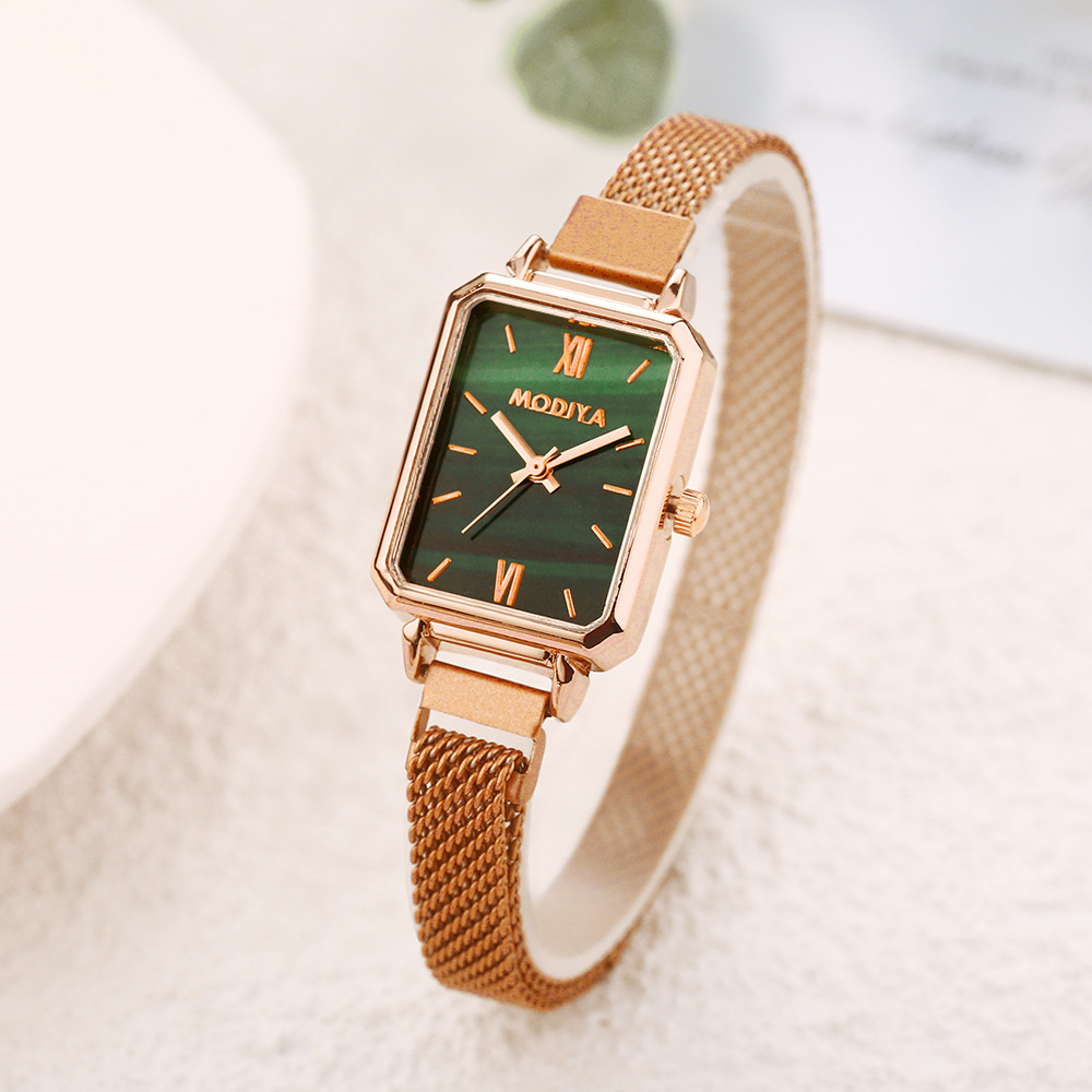 Mori Peacock Green Small Square Watch ins Artistic Milan Magnetic Attractive Mesh with Small Green Watch Women's Thin Band Student Quartz Watch