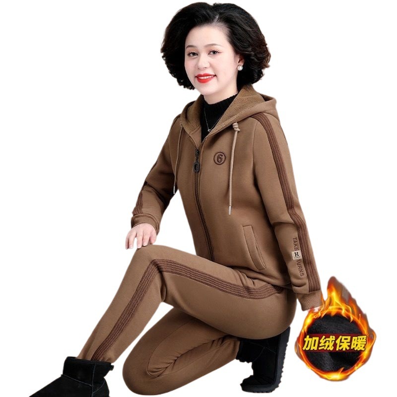 加绒加厚运动服中老年套装女2025秋冬季新款韩版妈妈装卫衣两件套|undefined