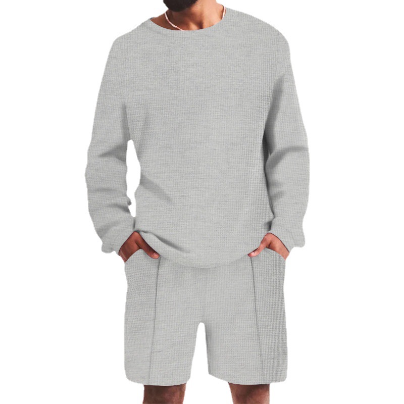 Estación independiente Camiseta europea y americana de manga larga de gofres verano traje deportivo casual de los hombres pantalones cortos de manga larga conjunto de dos piezas de los hombres