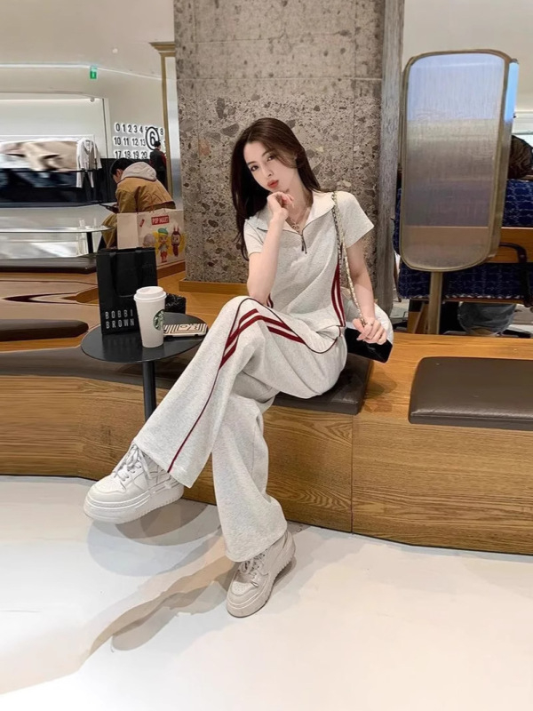 女性のためのファッショナブルなスーツ夏の新しい韓国スタイルの西洋スタイルの年齢を減らすポロカラートップカジュアルスポーツワイドレッグパンツ 2 点セット|undefined