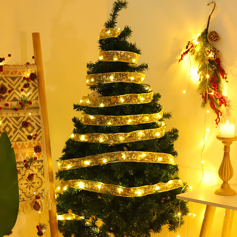 クロスボーダー新品LED銅線サテンストリングクリスマスリボンライトリボンリボンリボンライトクリスマスツリー装飾ライト|undefined