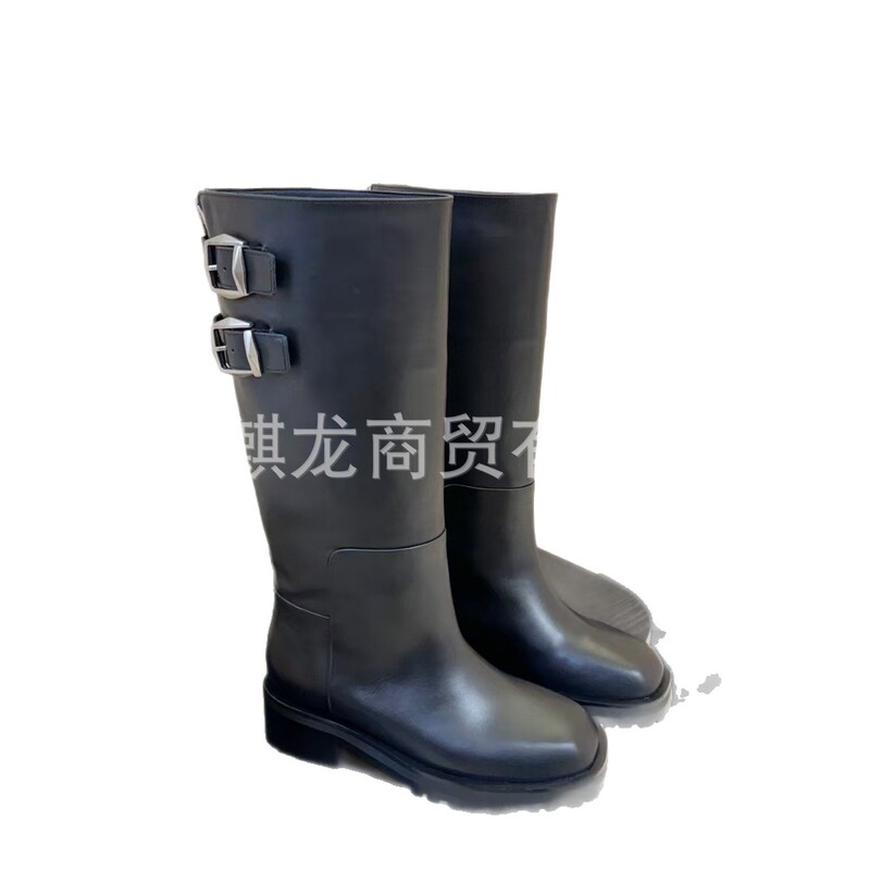 高端2025秋冬真皮圆头粗跟高筒骑士靴一脚蹬直筒马丁靴不过膝长靴|undefined