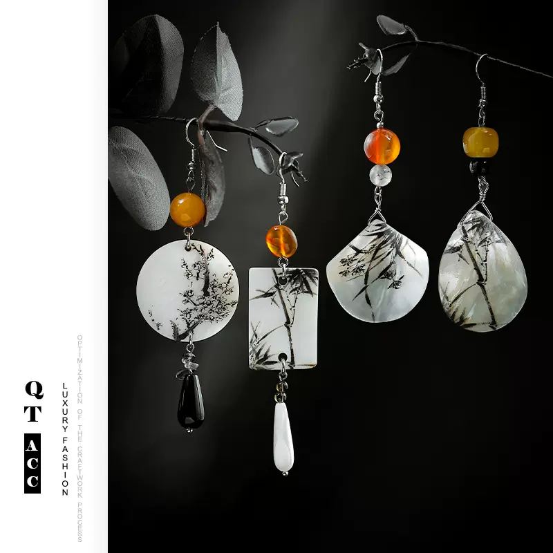 中国风新品民族特色水墨画图样玛瑙天然石设计优雅气质新中式耳钩